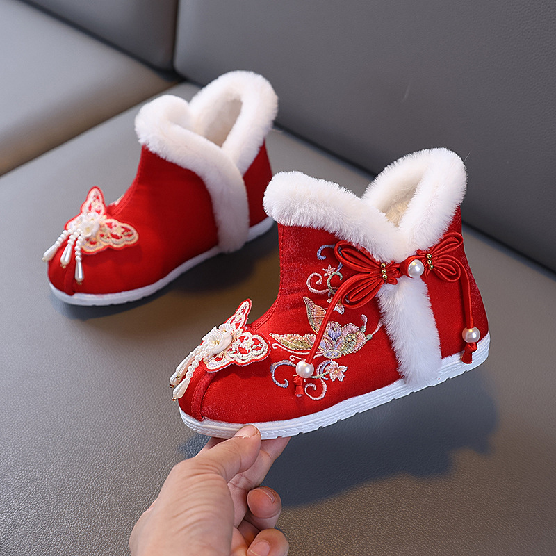 Girls' Old Beijing Cloth Shoes Winter Chinese Style Ethnic Snow Boots Cotton Boots Children's Embroidered Shoes Hanfu Shoes