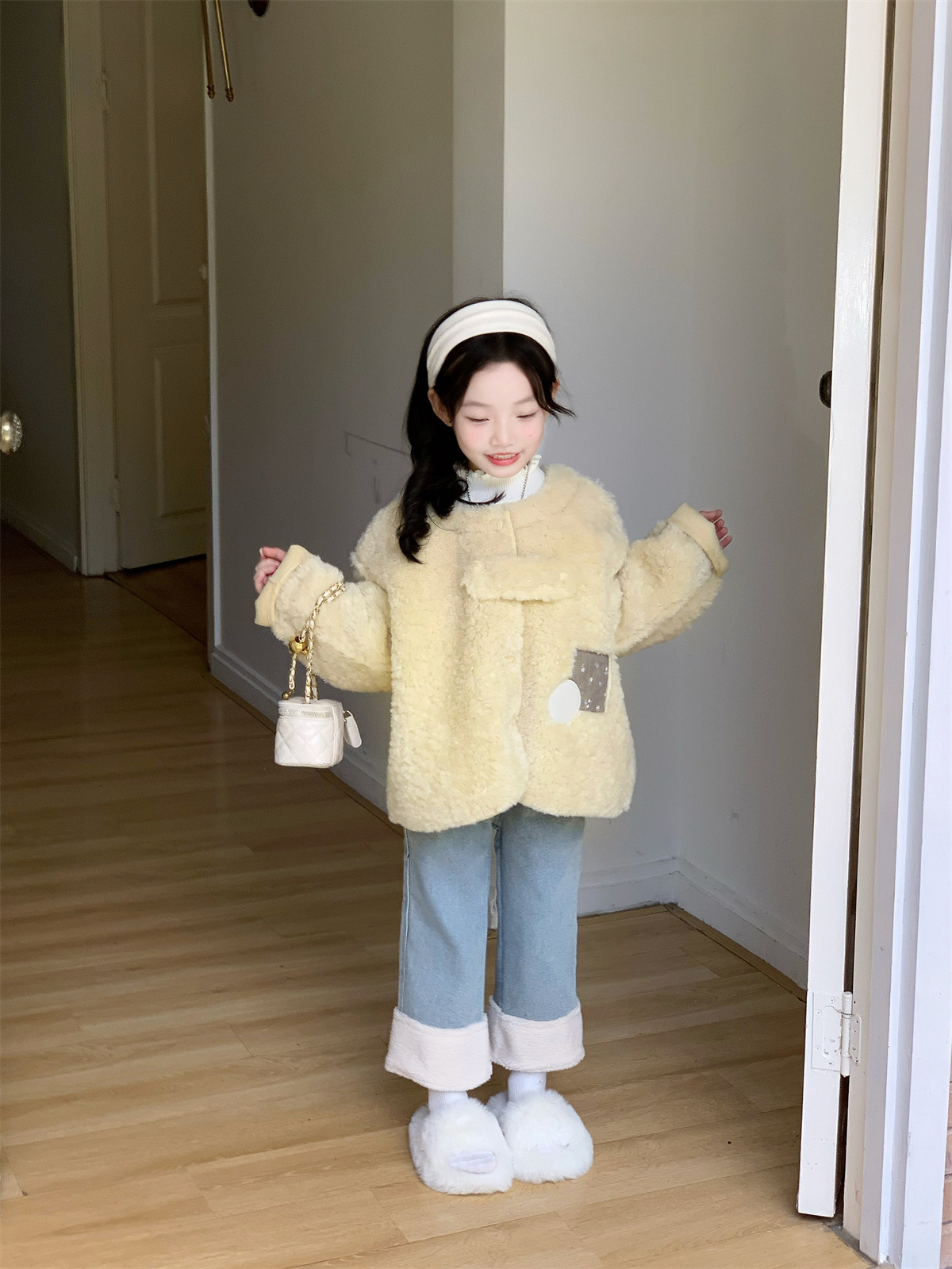 2025 New Winter Style Girls' Fur One-Piece Jacket + Turtleneck Sweater + Curled Fur Fleece-Lined Jeans