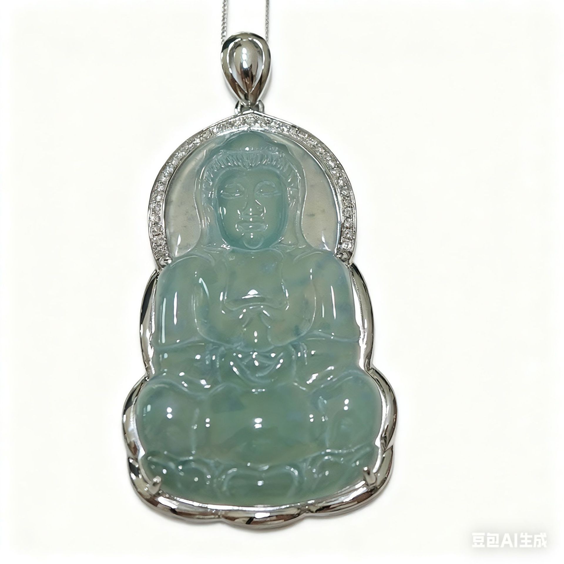 Platinum Pt950 Cultivated Diamond Jade Guanyin Inlaid Full Diamond Pendant