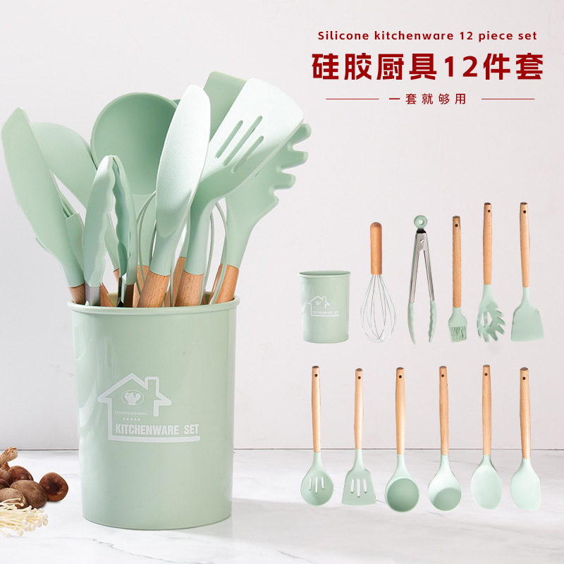 Кухонный набор с деревянной ручкой, силиконовая лопатка, ложка для готовки, не прилипает, 12 наборов, ведро для хранения
