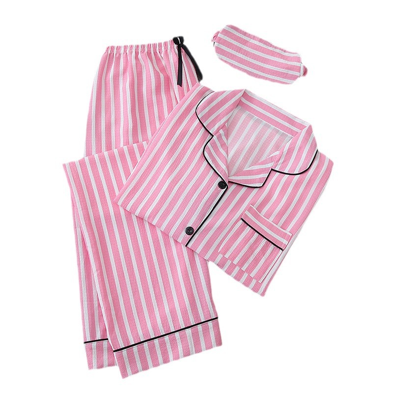 Four seasons can wear striped pajamas women cross-border OZON bubble wrinkled cotton home wear long sleeve trousers eye mask suit