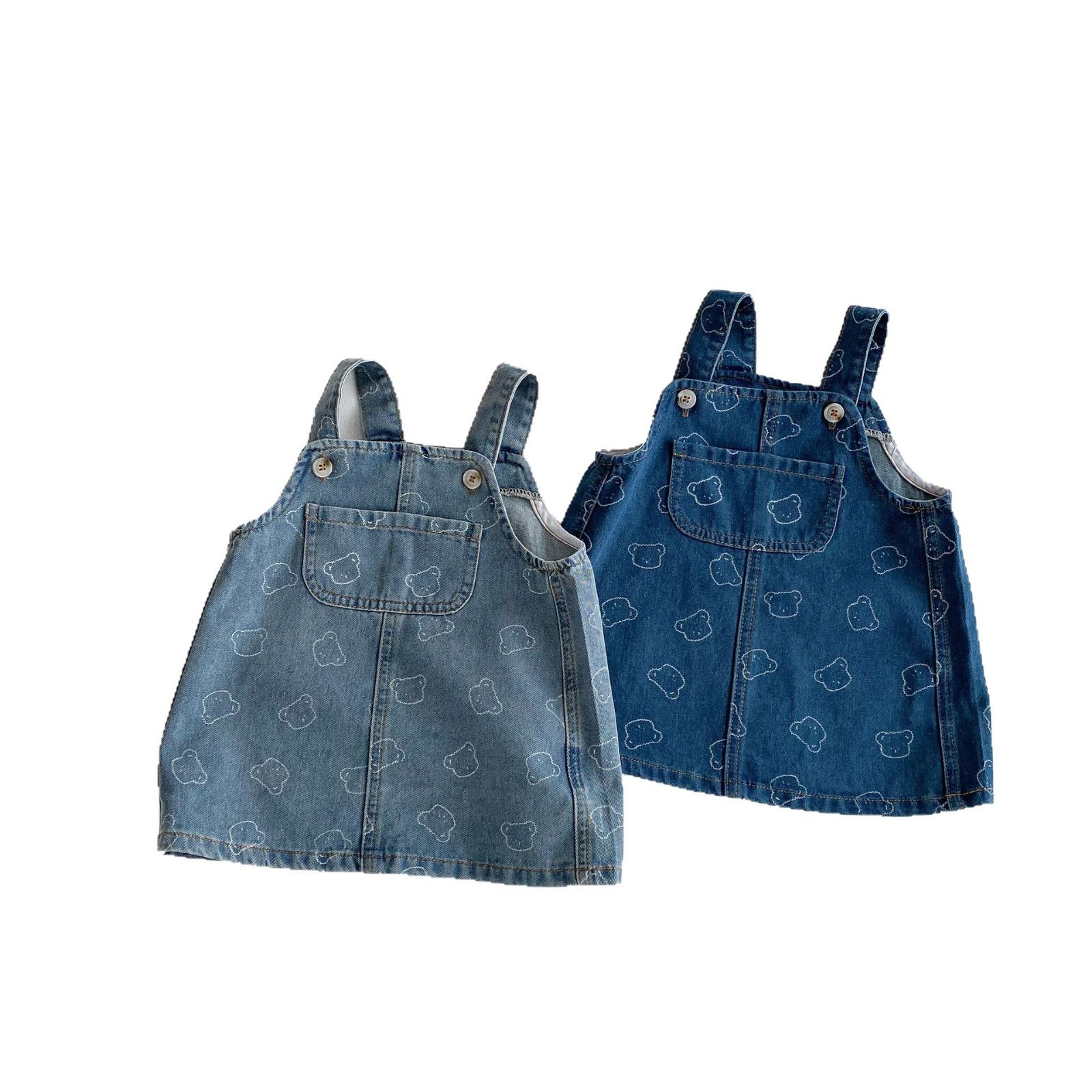 Ins Korean Style Girls' Strap Dress 2025 Spring and Summer New Arrival 1-8 Years Old Baby Girl Princess Cute Bear Denim Dress
