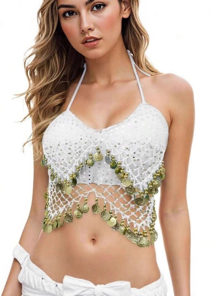 Belly Dance Costume Sequin Bra Indian Egyptian Dance Performance Outfit Stage Wear Tassel Halter Neck Camisole Ball Gown