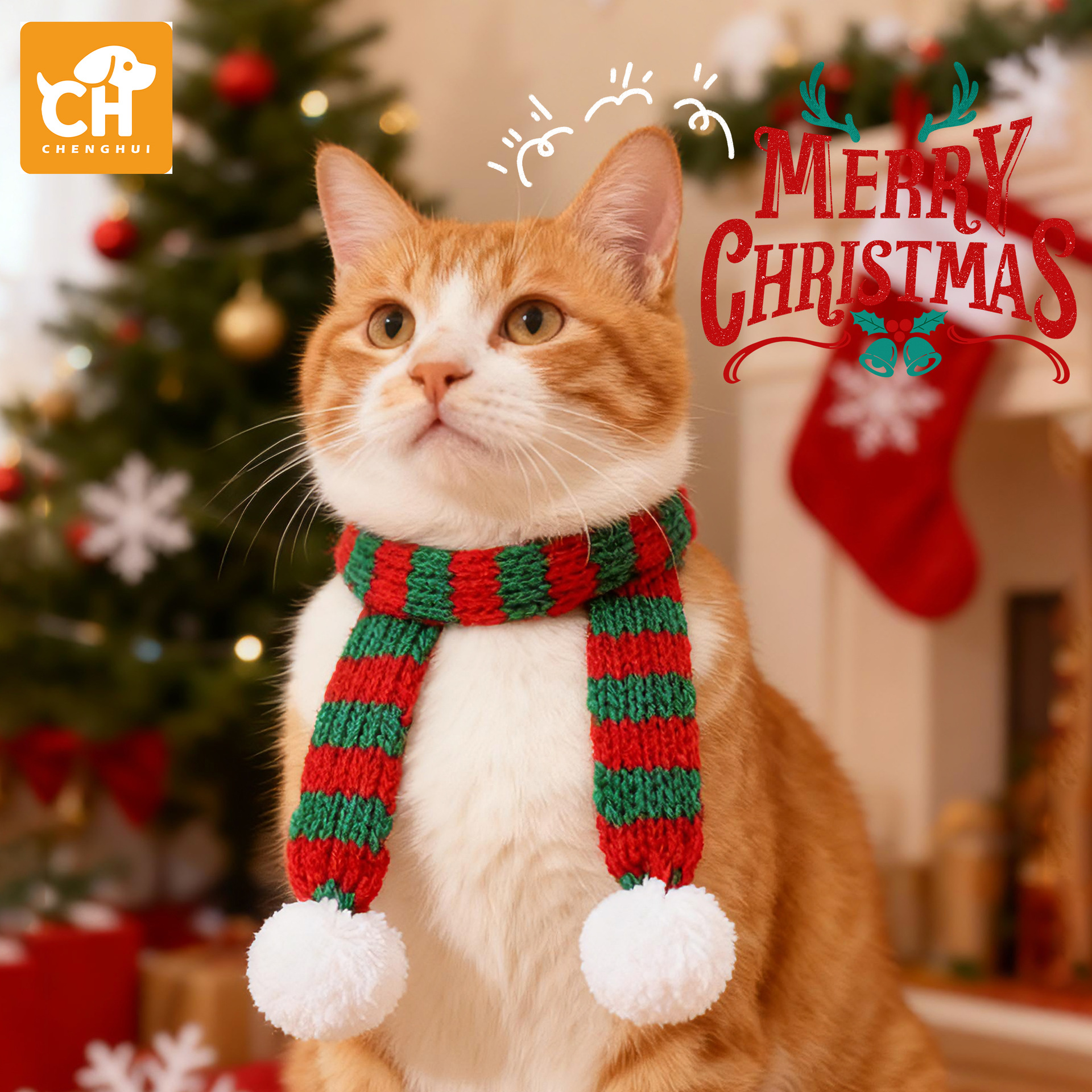 кросс-бордерный рождественский вязаный шарф для кошек, полиэстер, маленький меховой шарик, аксессуары для питомцев, оптовая продажа