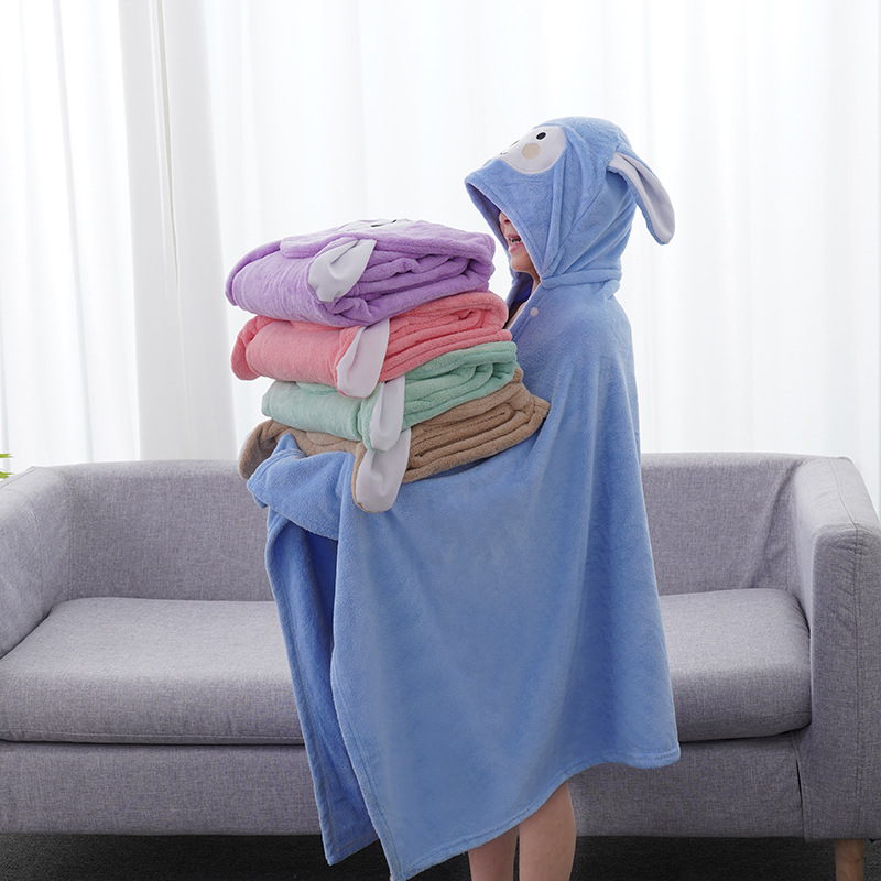 Children's Bath Towel Hooded Poncho Absorbent Baby Hooded Bathrobe Cartoon Baby Coral Fleece Children's Bath Towel