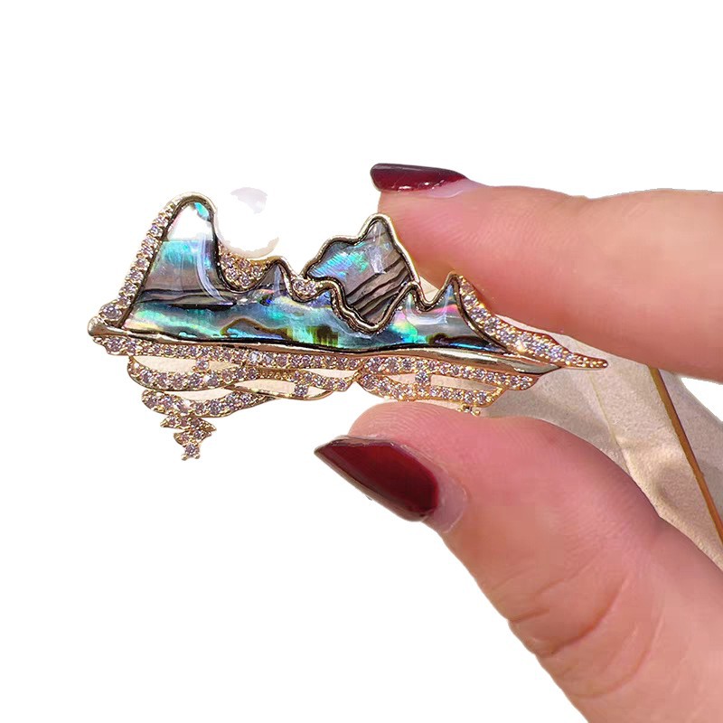 New Chinese Style Landscape Painting Brooch Natural Abalone Shell Colorful Shell High-End Mountain and River Brooch Women's Pearl Brooch Corsage