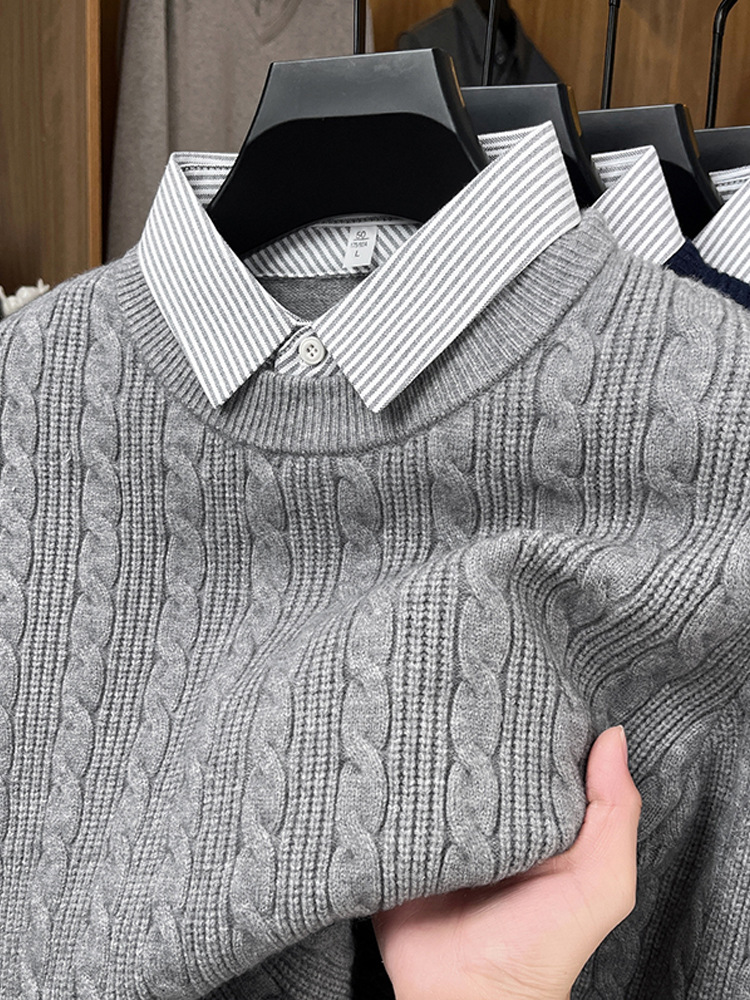 550g Men's Thickened Cardigan with Shirt Collar, Trendy Brand, Casual Loose Warm Fake Two-Piece Knitted Sweater