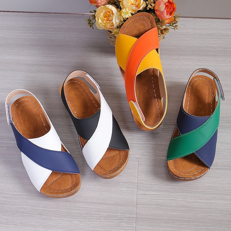 European and American foreign trade thick-soled color matching Roman sandals women's cross-border platform bottom velcro open toe beach sandals wish