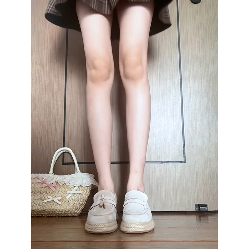 Cowhide Version ~ Genuine Leather Retro Thick-Soled Straw Inner Heightening 6cm Loafers Women's Fisherman's Shoes Slip-On Lazy Shoes