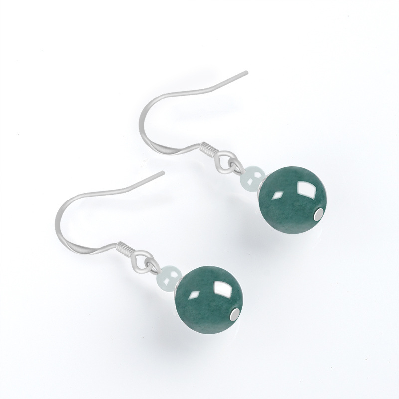 High-grade S925 silver inlaid natural A goods jade blue water round bead earrings ice jade stone fashion women's earrings earrings