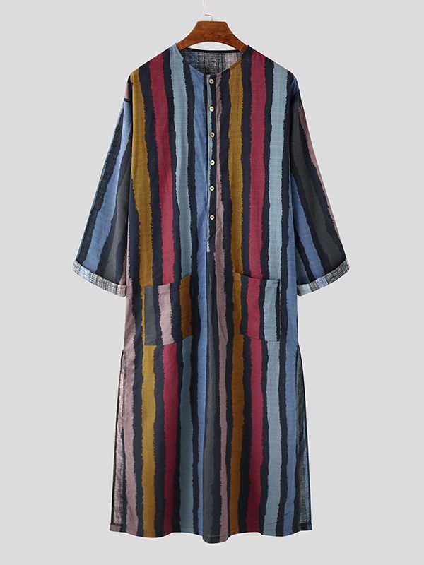 Foreign Trade Spring and Summer New Middle East Clothing Long-sleeved One-piece Arabian Men's Striped Printed Muslim Men's Robe