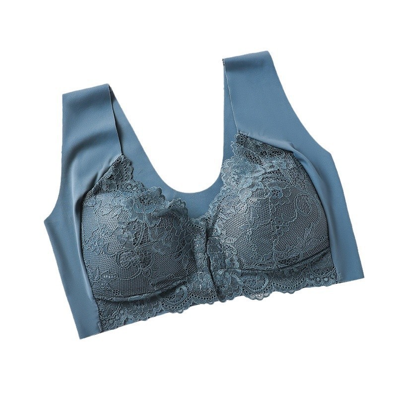 Temu European and American Cross-Border Plus-Size Push-Up Front Buckle Bra with Fixed Cups, Lace Tank Top Style Bra for Women with Front Opening