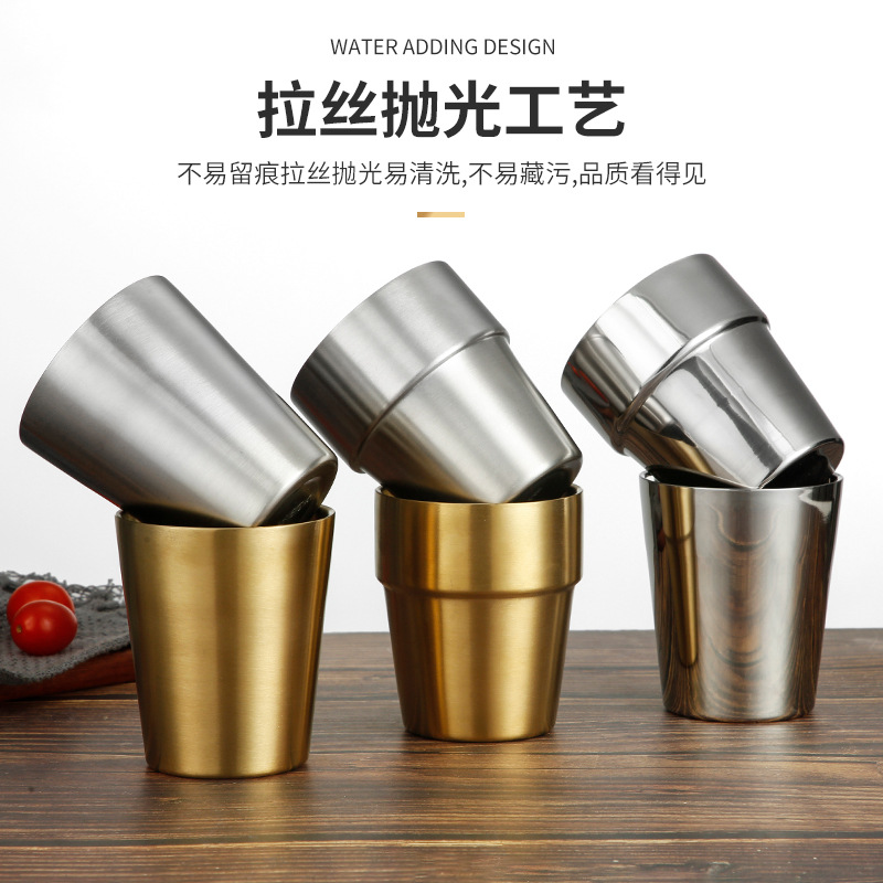 304 Stainless Steel Double-Layer Water Cup Gold Cup Beverage Cup Beer Cup Commercial Catering Tea Cup Korean Style