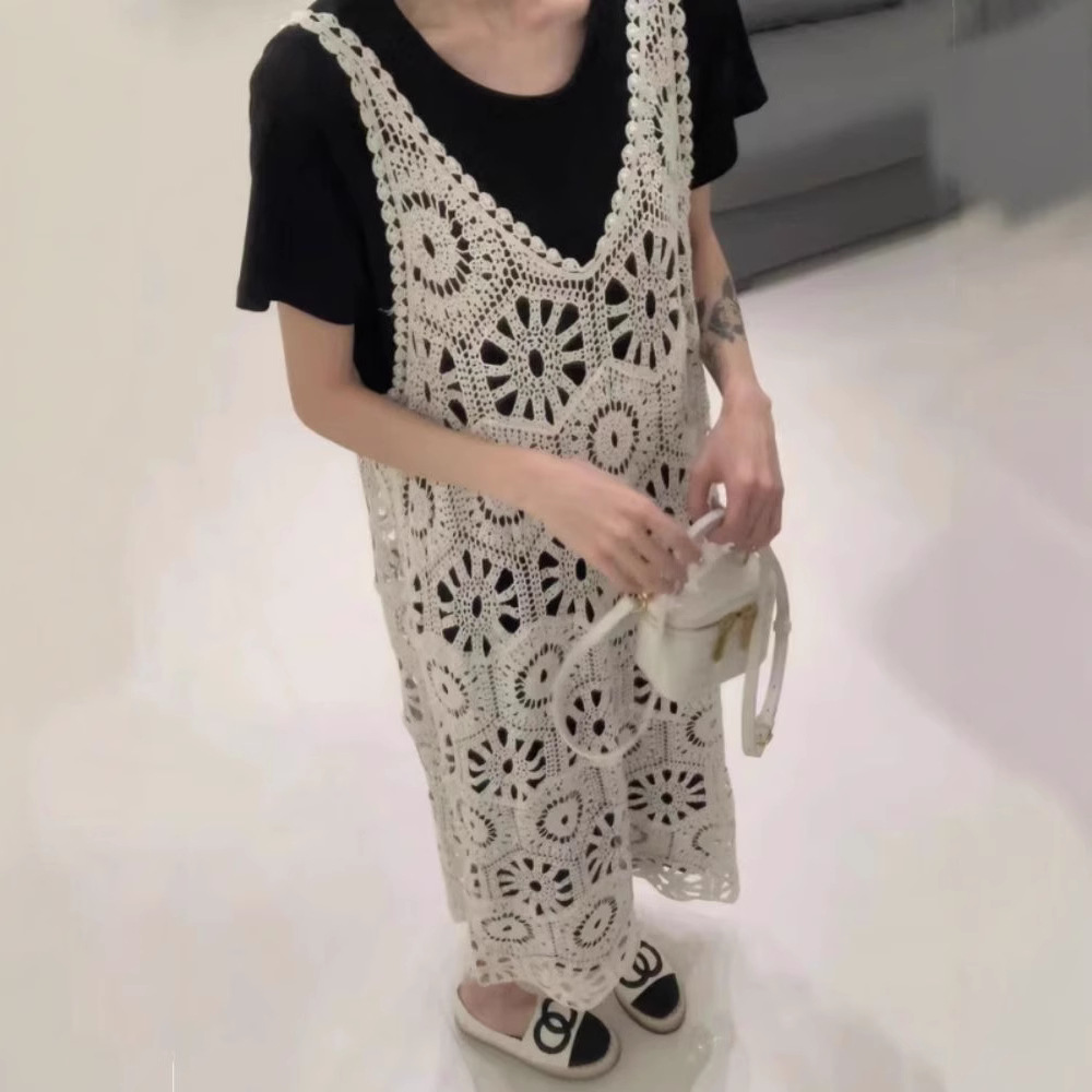 Plus Size Women's Suit Women's New French Crochet Cut Out Lace Vest Skirt Layered Short-Sleeved Bottoming Skirt Two-Piece Set