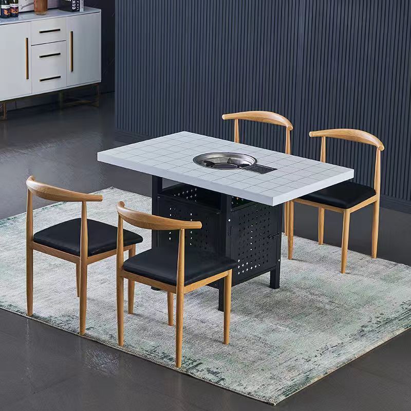 Imitation Marble Pattern Hot Pot Table Round Commercial Dining Table Barbecue Haidilao Hot Pot Restaurant Integrated Combination Hot Pot Table