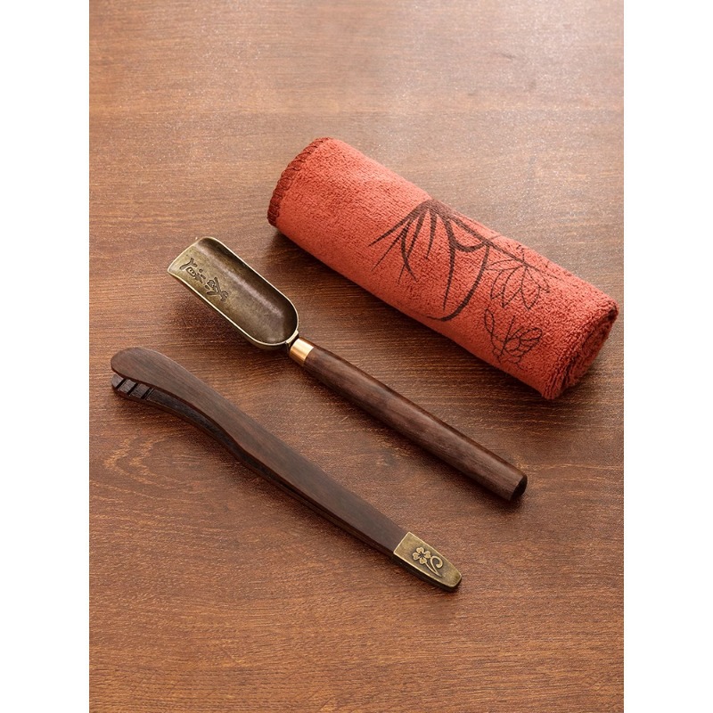 Аксессуары для чайного набора кунг-фу, зажим из цельного дерева эбенового, трехпредметный набор, нескользящие щипцы, чайная ложка, зажим для чашки