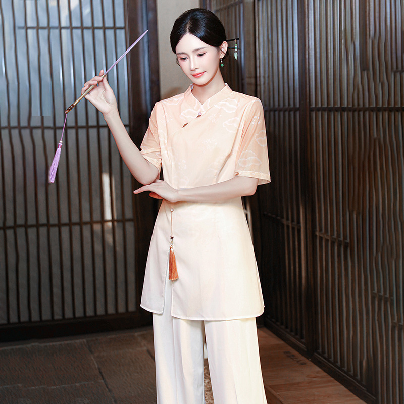 Summer High-End Beauty Salon Foot Bath Work Clothes, Foot Therapy Health Massage Spa Technician Uniform Women's Suit Chinese Style 3583