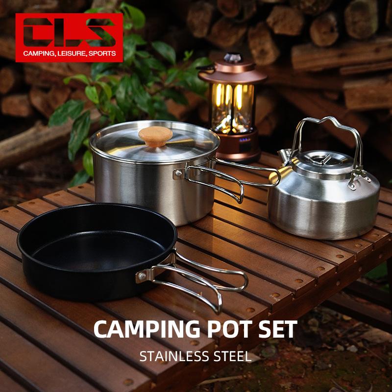 Cls Outdoor Stainless Steel Pot Set 4-Piece Camping Style Pot Camping Style Portable Self-Driving Soup Pot Non-Stick Frying Pan