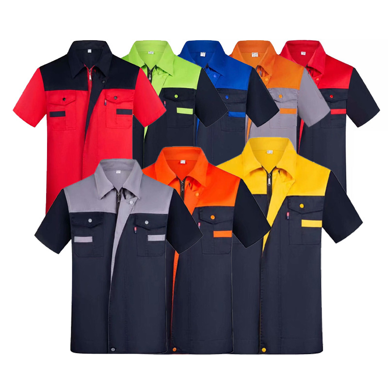 Summer Short-Sleeved Labor Protection Clothing, Thin Breathable Work Clothes, Wear-Resistant Auto Repair Clothing, Factory Clothing, Polyester-Cotton Workshop Work Clothes Wholesale