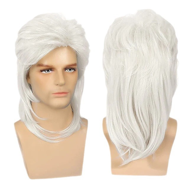 Cross-border European and American Wig Men's Mullet Wig Brown Curly Hair 80s Vintage Cosplay Halloween Wig Set