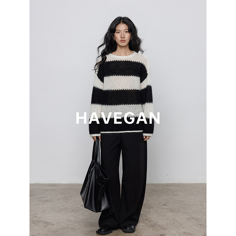 Havegan/Autumn Round Neck Long-Sleeved Wide Stripesd Wool Knitwear Women's Mohair Soft Waxy Casual Top