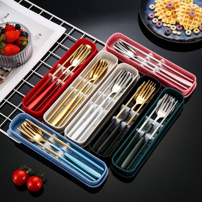 304 stainless steel portable tableware suit Korean tableware fork chopsticks three-piece set student office worker gift suit