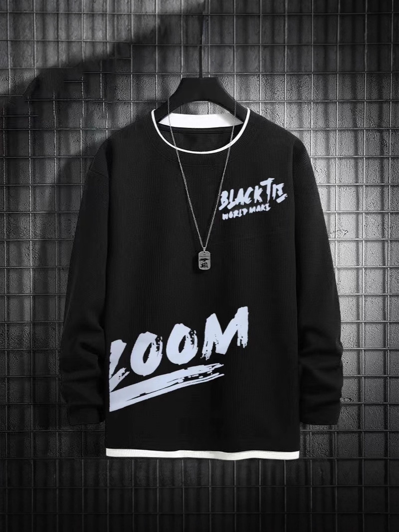 Waffle Men's Fake Two-Piece Spring and Autum Sweatshirt Large Size Fat Loose Slim Long-Sleeved T-Shirt Top Bottoming Shirt