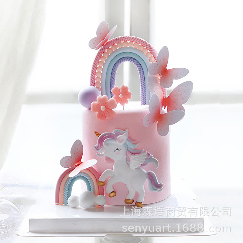Baking Cake Decoration Girly Heart Fantasy Pink Blue Rainbow Fantasy Unicorn Clouds Butterfly Children's Birthday Plug-in