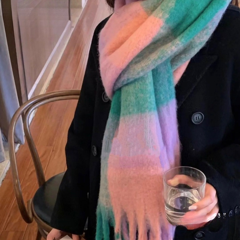 Autumn and Winter New Thickened Warm Rainbow-Colored Plaid Scarf European and American Loop Yarn Thick Tassel Color-Blocking Shawl Universal