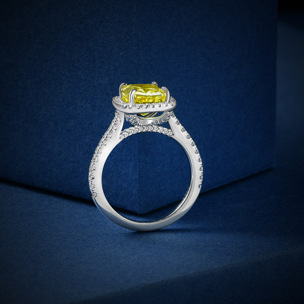 Shi Pei's New 3 karat Fat Square Goose Yellow/Pink Ice Flower Cut 8*9 High Carbon Diamond Ring Women's Fashion 4-12