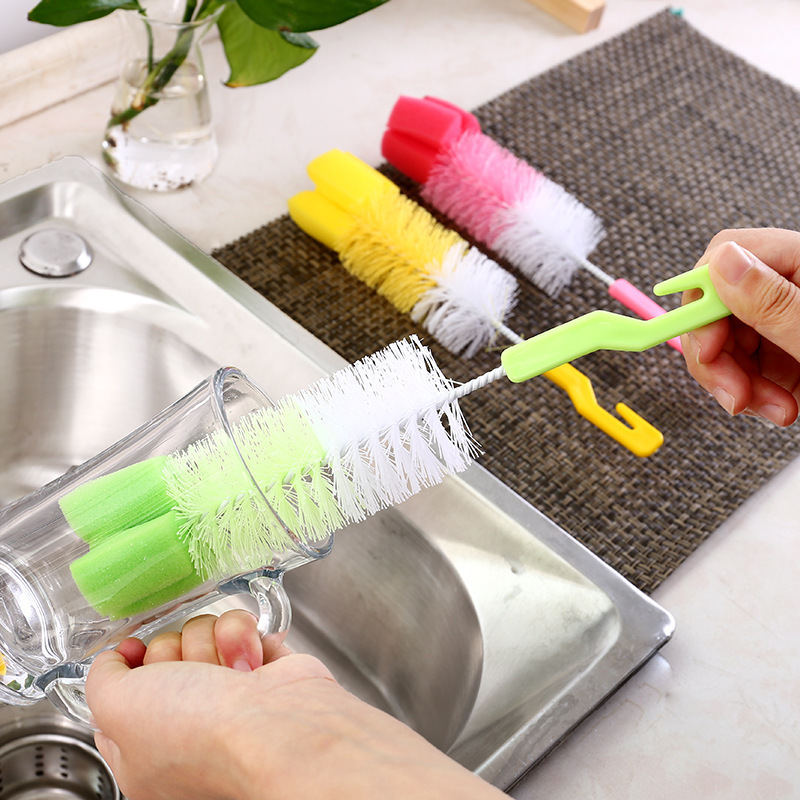 Household long handle milk bottle brush kitchen fine wool sponge brush glass cleaning brush 360 degree rotating brush