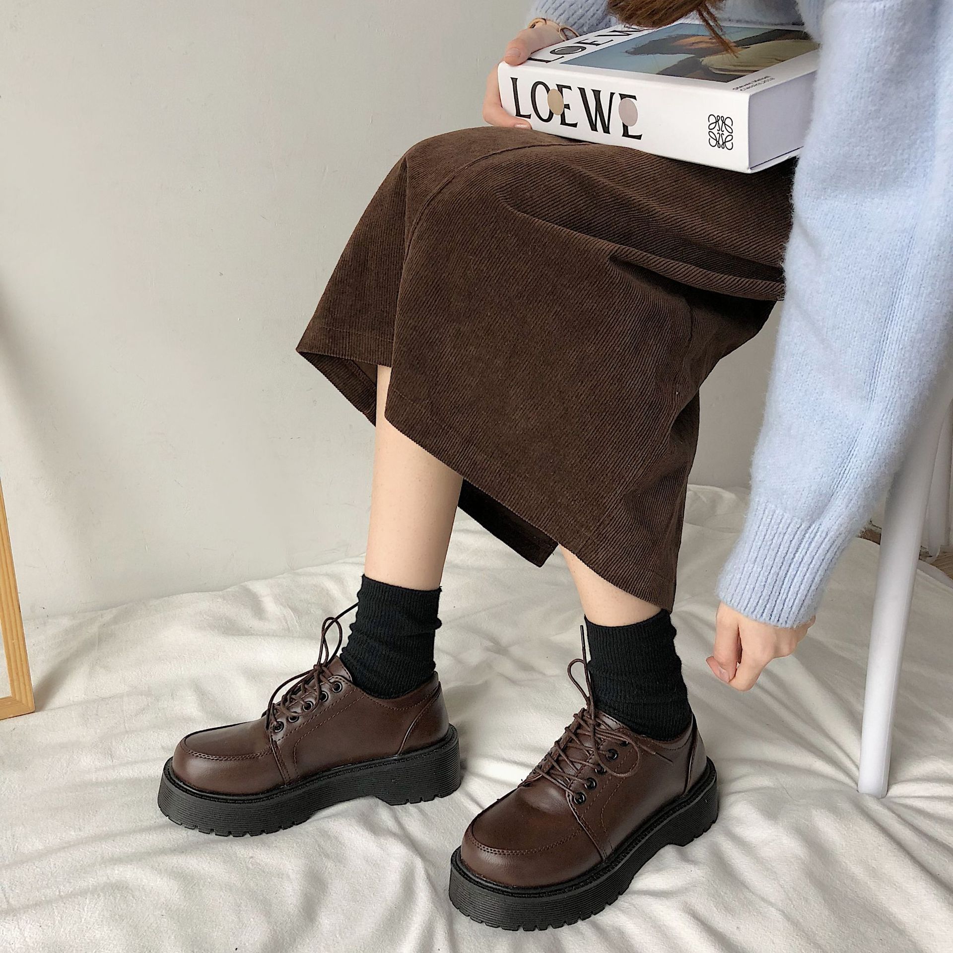 British Style Cloth Round Toe Shoes for Women 2025 New Thick-Soled Platform Front Lace-Up Uniform Jk Small Leather Shoes for Women Wholesale