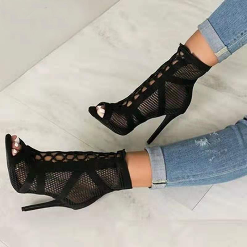 Cross-border European and American New Black Mesh Suede Fashion Cross Strap Sexy High Heel plus size Women's Shoes AliExpress Amazon