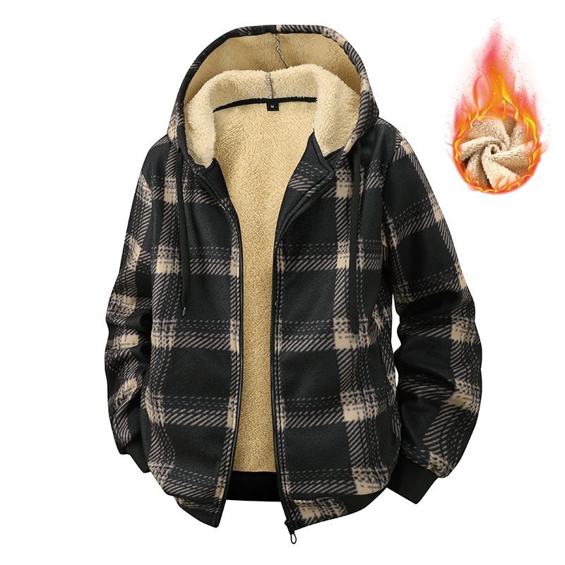 2025 Winter Plaid Hooded Polar Fleece Fleece-Lined Thickeneded Warm American Casual Couple Outdoor Sports Men's Outerwear