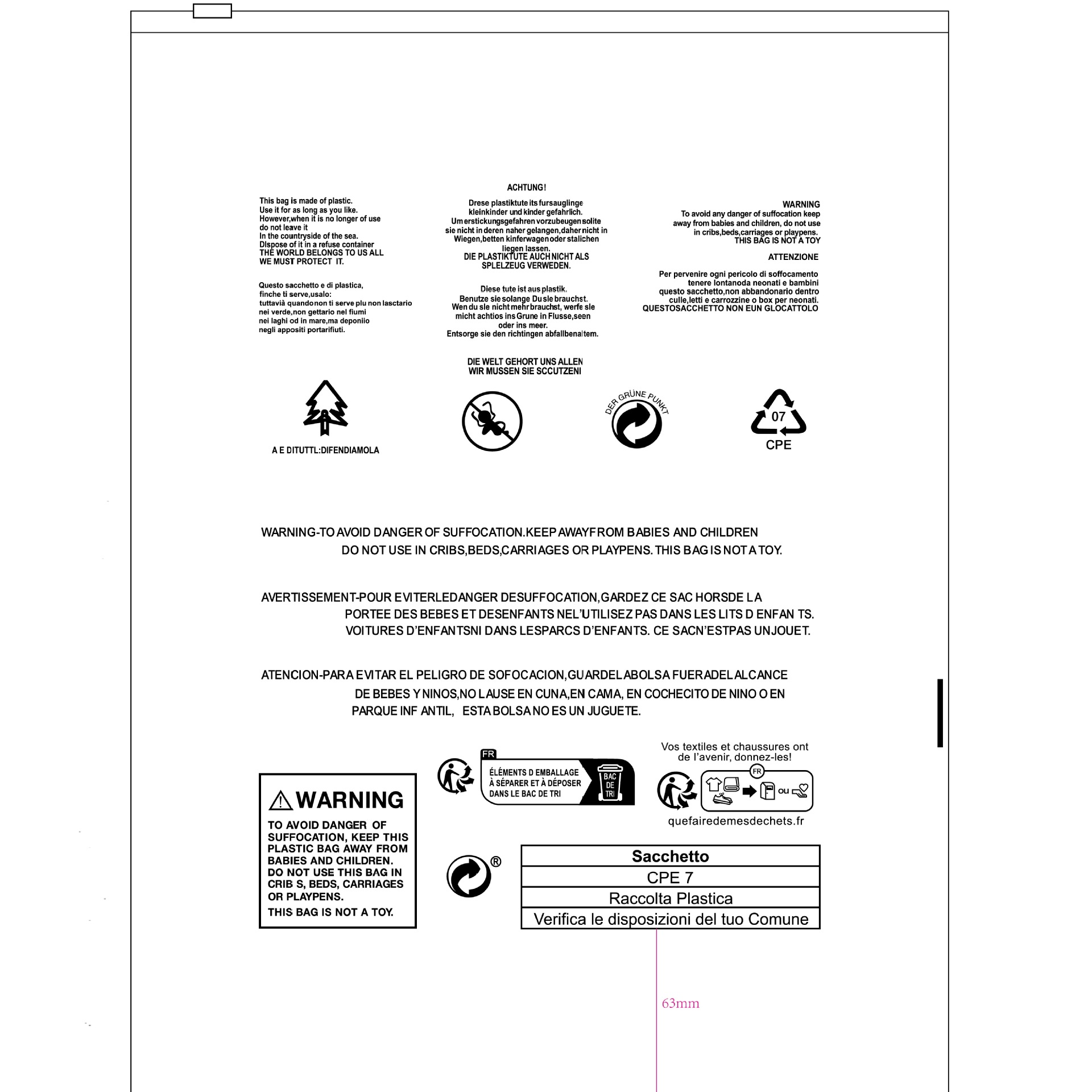 Triman French Micro-Label Warning Zipper Bag Teum Transparent Clothing Packaging Bag Cross-Border Environmental Protection Six-Country Slogan