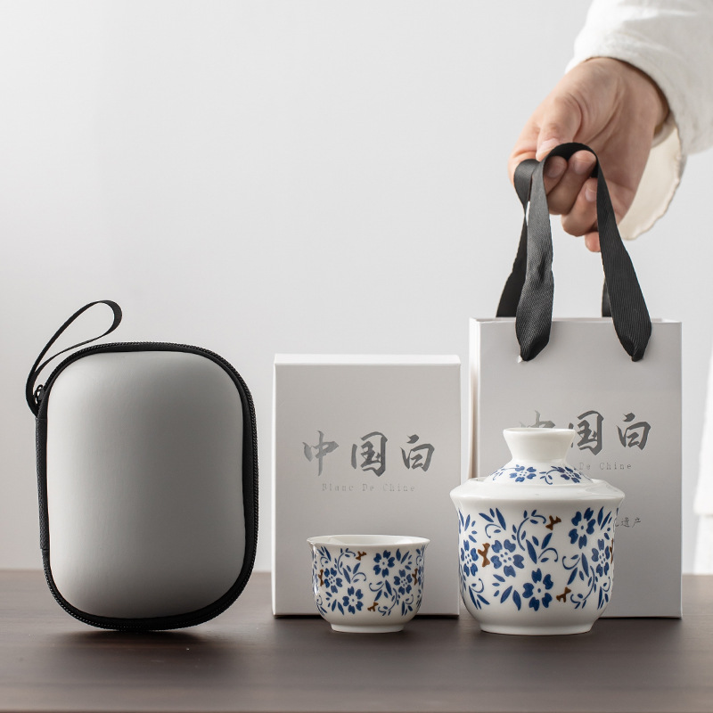 Синий и белый фарфоровый подогреватель для вина комплект с бокалом переносной сумке для вина подогреватель для домашнего использования китайские винные принадлежности