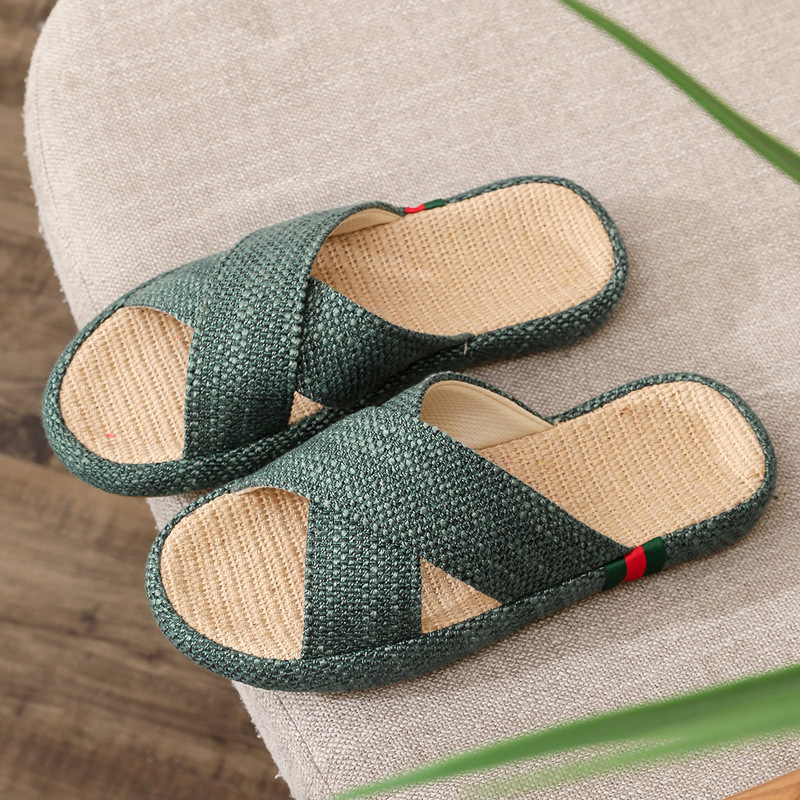 Home Non-slip Quiet Four Seasons Home Linen Cross-mop Linen Slippers Women's Summer Indoor Men's Breathable Thick Bottom