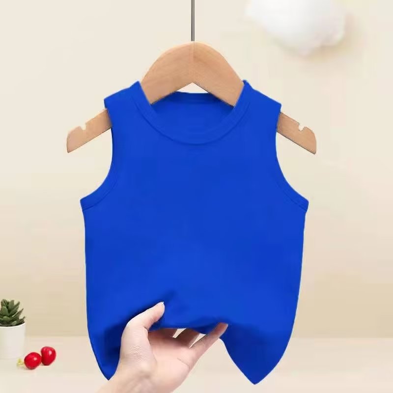 Sleeveless T-Shirt Tops Summer Boys and Girls Children's Clothing Pure White Round Neck Thin Vest Trendy Brand Medium and Large Children