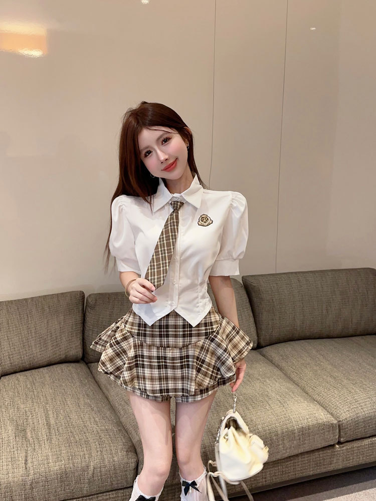 American Academy Style JK Uniform suit Women's Summer Cute Sweet and Spicy Bubble Sleeve Shirt Plaid Skirt Two-Piece Set