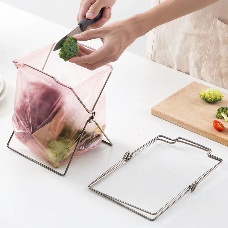 Household Stainless Steel Garbage Bag Shelf Foldable Storage Rack Kitchen Sorting Plastic Bag Trash Shelf