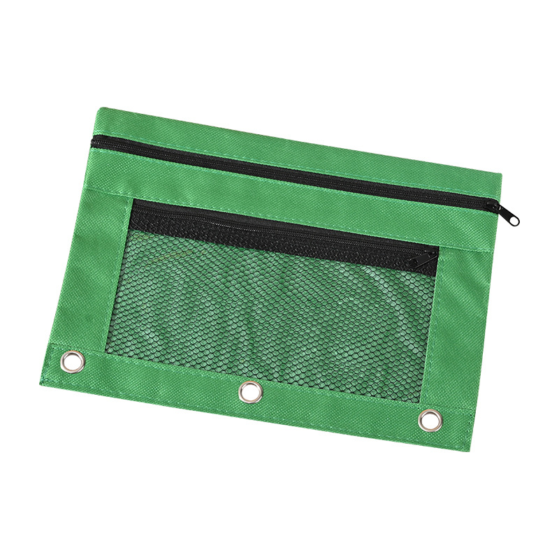 Cross-Border double zipper file stationery bag double-layer mesh three-hole pencil case Visual storage bag large capacity solid color pencil case