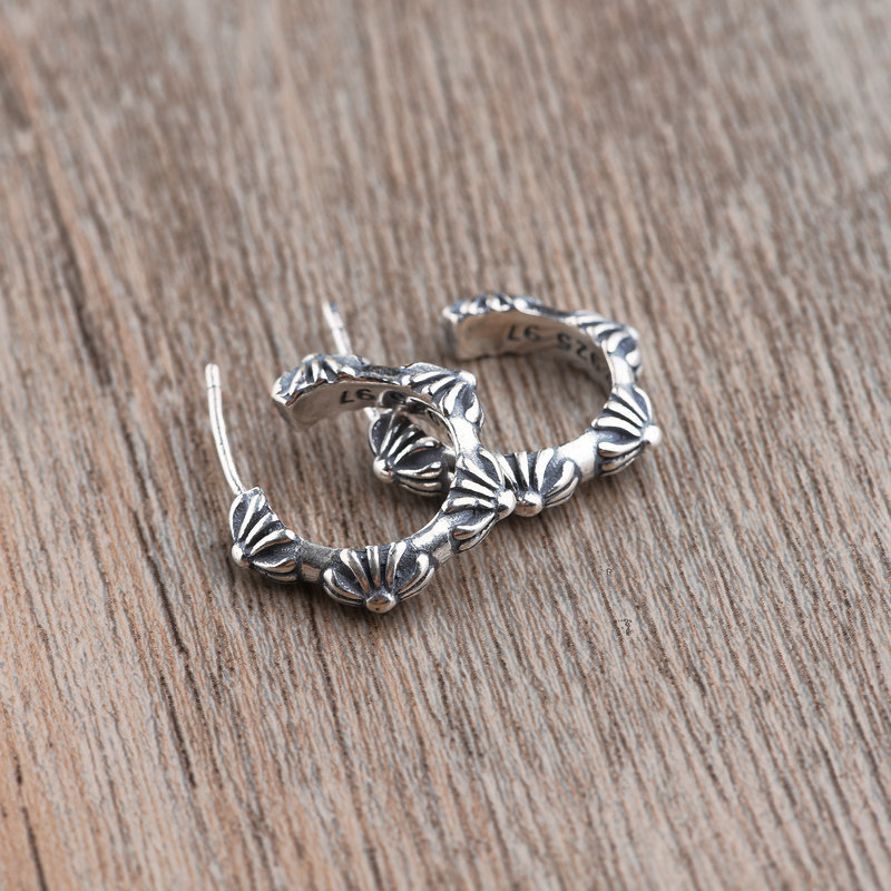 European and American Personalized Original 925 Sterling Silver Children's Army Flower Gd Earrings Men's Trendyy Creative Earrings Thai Silver Earrings Wholesale