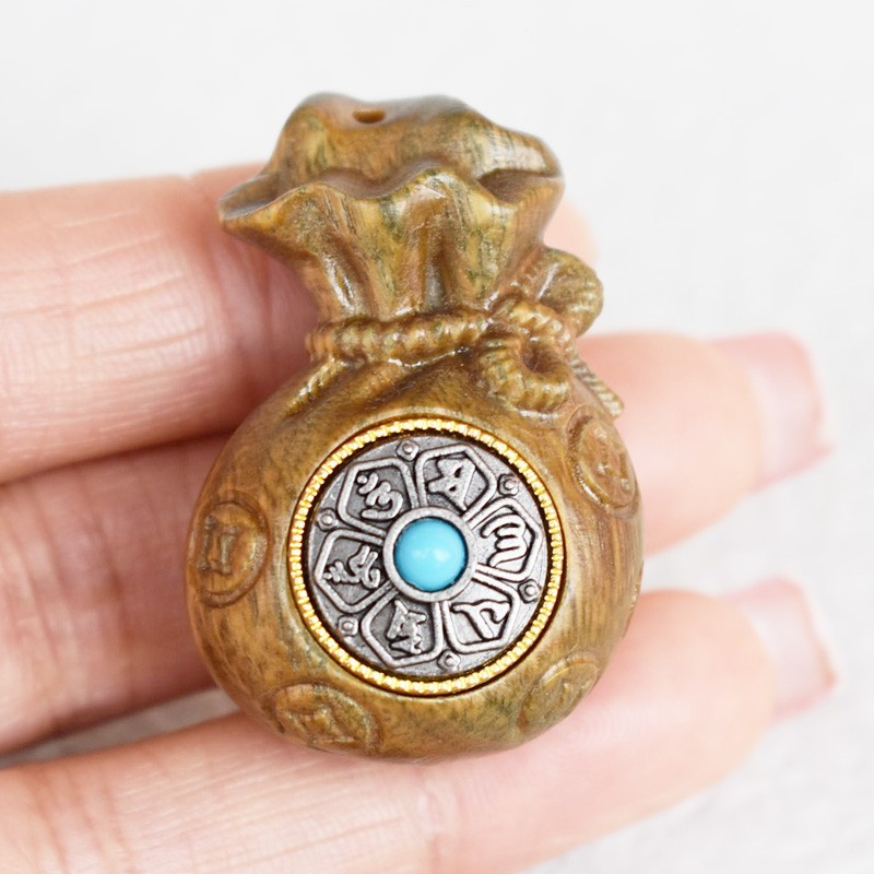 Money Bag Lotus Rosewood Green Sandalwood diy Accessories Jewelry Pendant Keychain Car Hanging Inlaid with Six Characters Can Rotate