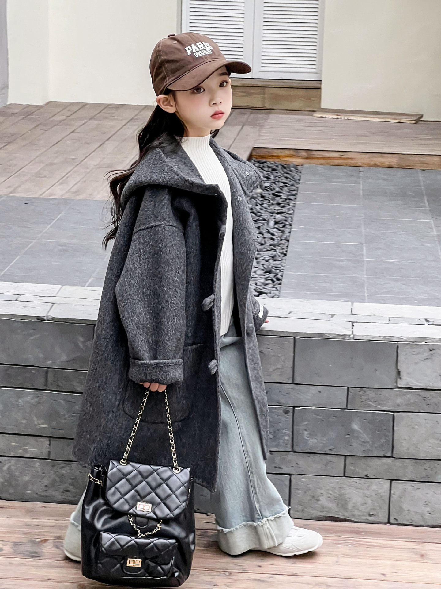 2025 New Autumn and Winter Kidsren's Double-Sided Cashmere Outwear Girls' Medium and Large Kidsren's Woolen Outwear Thick Mid-Length