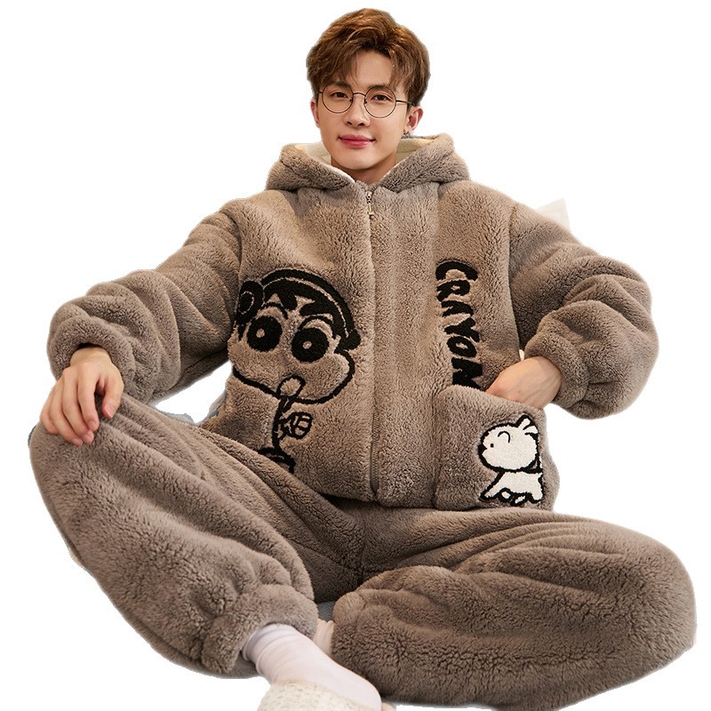 Pajamas for Men Winter Coral Velvet Thickeneded Fleece-Lined Large Size Autumn and Winter Men's Youth High School Students and Older Children's Suits