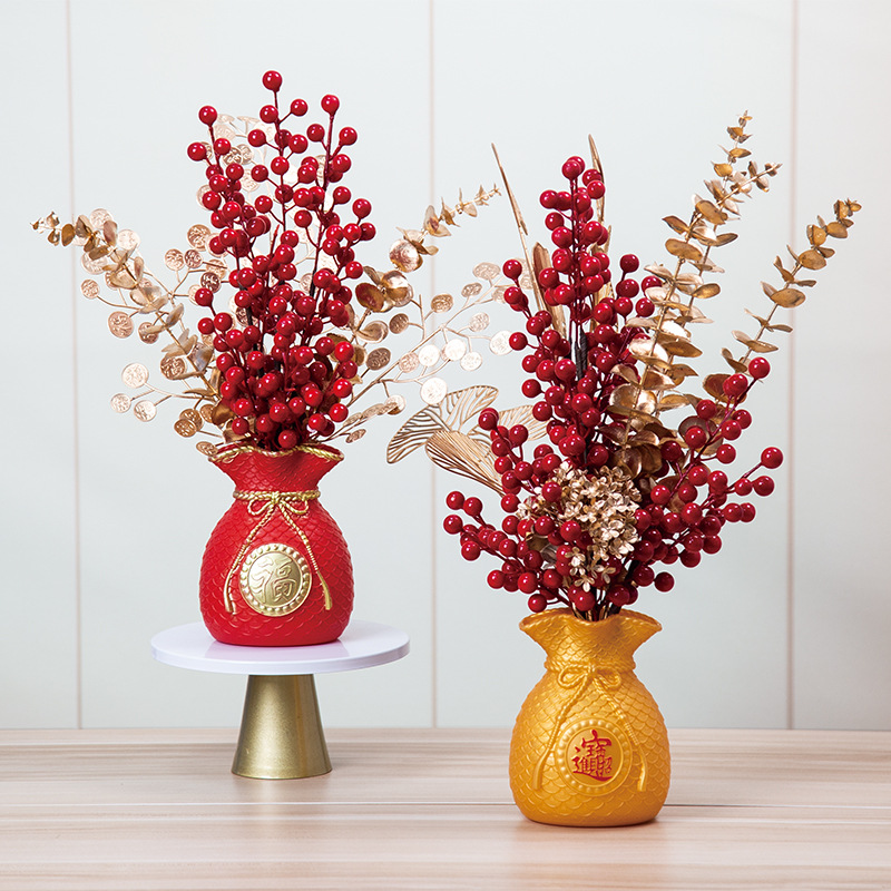New Chinese-style Festival Artificial Flower Decoration Luckbag Vase Flat Fortune Red Fruit Plastic Decoration Wedding Persimmon Ruyi Pot