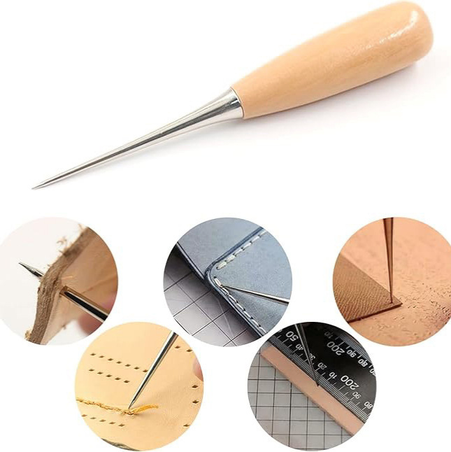 Cross-Border Special Wooden Handle Awl Hand Tool Shoe Awl Leather Wooden Handle Awl Wear-Resistant Drill Needle Sewing Punching Awl