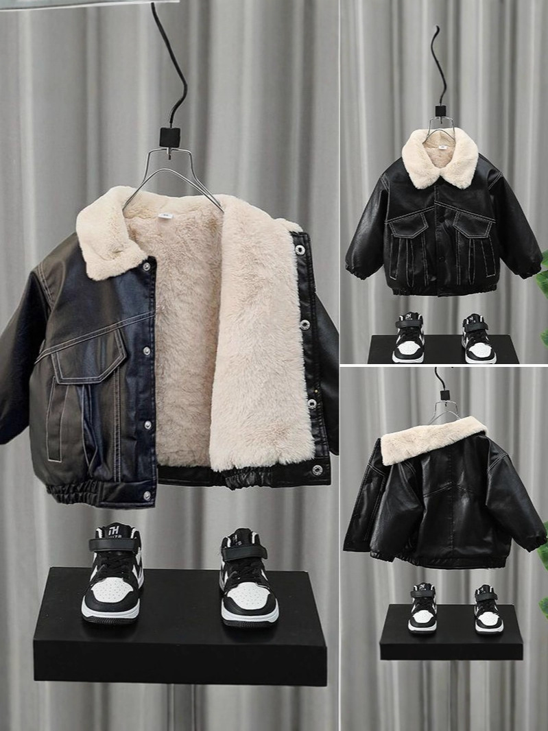 Children's Clothing Boys' Cool and Handsome Leather Jackets New Fashionable Baby Autumn and Winter Clothing Kidsren's Korean Style Velvet Thick Jacket Leather Jackets