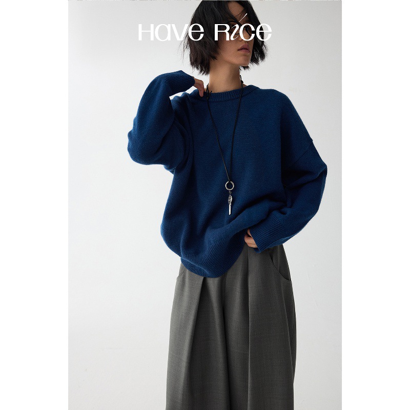 Haverice Restaurant Nishino Walk/Blues Moment Wool Classic V-Neck Round Neck Loose Knitted Sweater