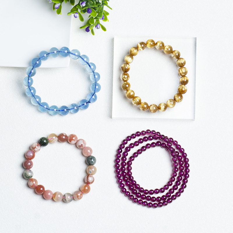 Xiaoyu Jewelry Natural Crystal Aquamarine Garnet Golden Rutilated Quartz Green Phantom White Pink Quartz Golden Sun Crystal Bracelet
